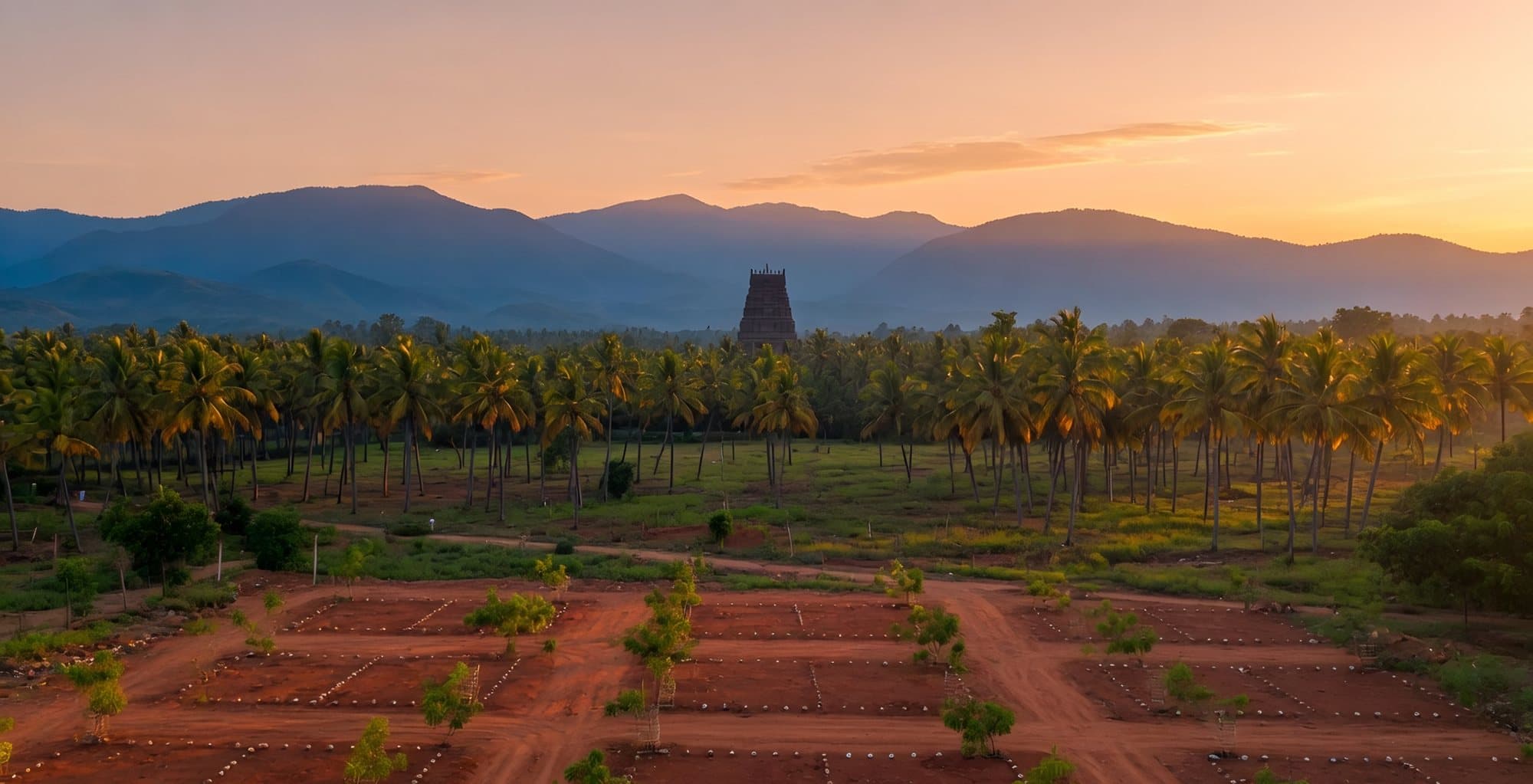 A new plotted layout of red earth at sunrise, with coconut groves, a temple tower and the Western Ghats beyond