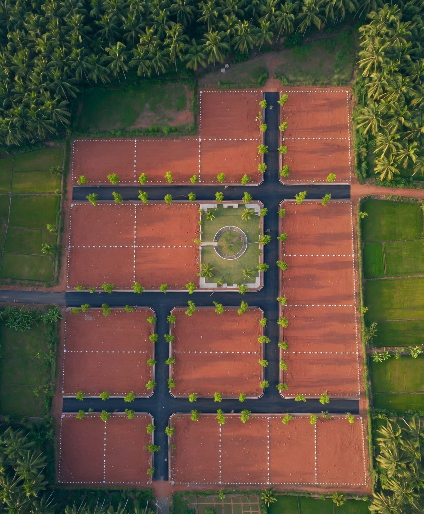 An aerial view of a new residential plot layout with roads, a small park and coconut groves