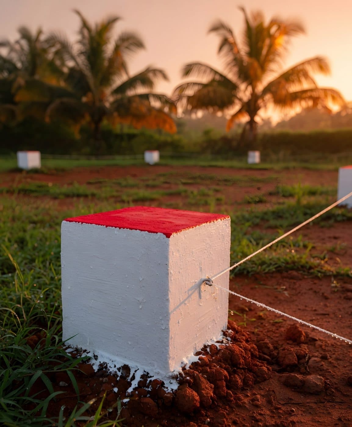 A white boundary stone with a red top, set in red earth at a plot corner at sunrise