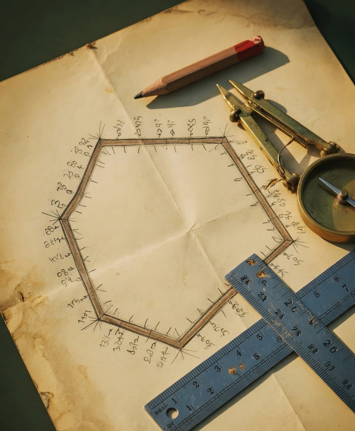 A hand-drawn field survey sketch with a steel ruler and a brass compass
